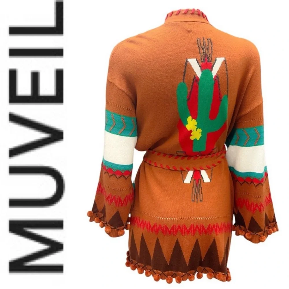 NWOT MUVEIL Western Brown multi Belted Cardigan 38 - Picture 3 of 15